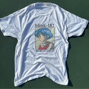 Tultex White Tee with Blue Anime Portrait and Blink-182 Print